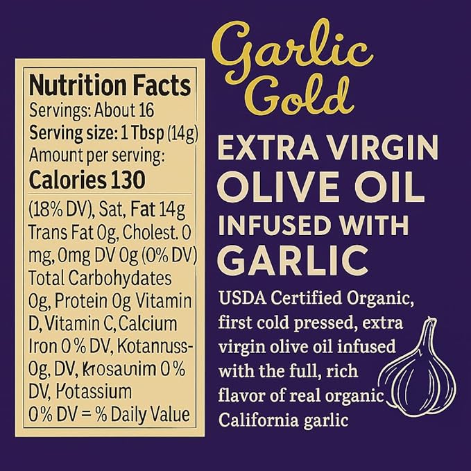 Garlic Gold Extra Virgin Olive Oil Infused with Garlic, Premium Certified USDA Organic, Low FODMAP, Cold Pressed (250 mL, 2 Pack)