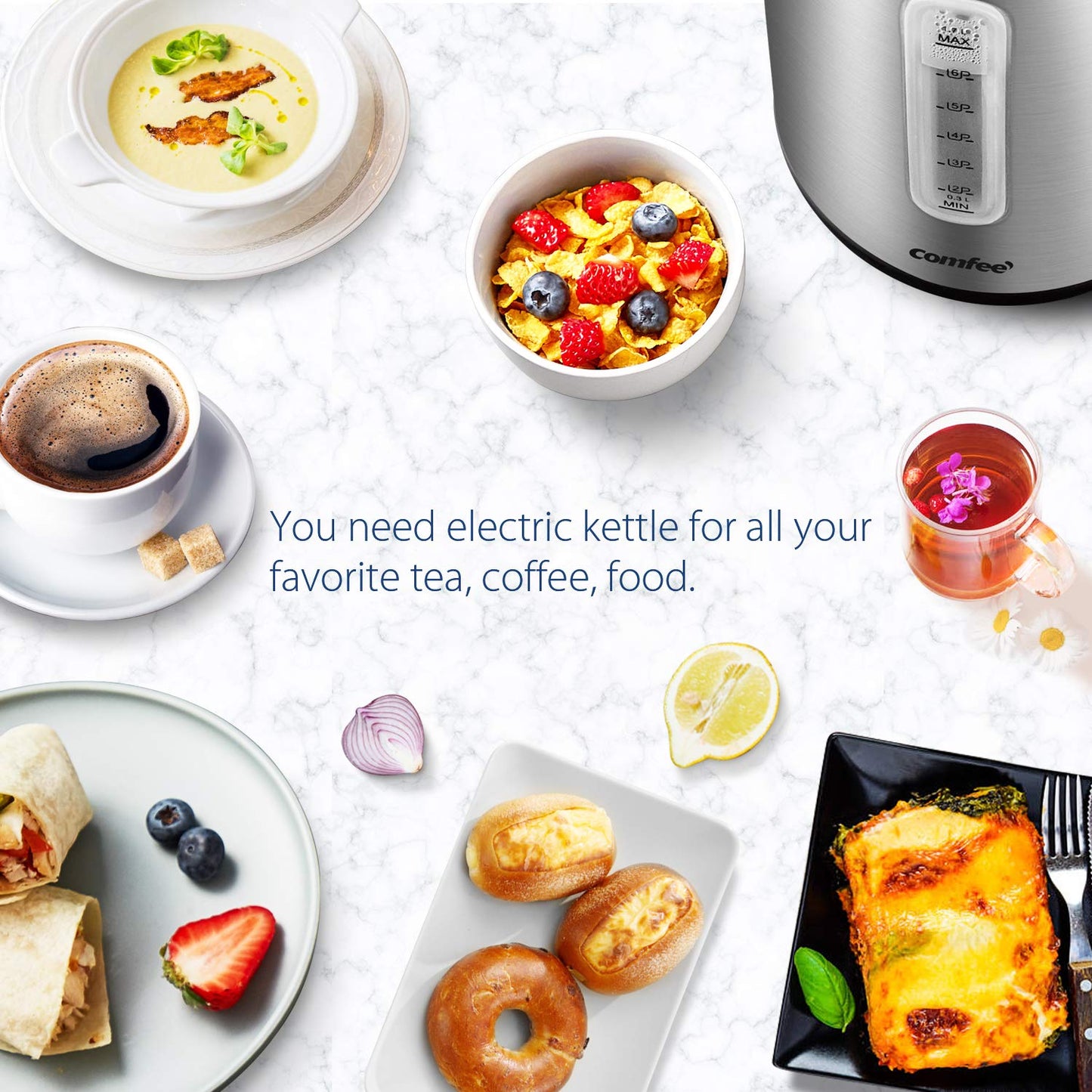 COMFEE' Stainless Steel Electric Kettle, 1.7 Liter Tea Kettle Electric & Hot Water Kettle, 1500W