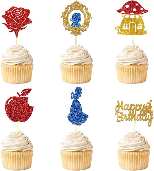 24pcs Blue Princess Cupcake Topper Glitter Royal Castle Happy Birthday Cake Toppers Red Rose Apple Cupcake Toppers for Princess Birthday Wonderland Forest Baby Shower Halloween Party Decor