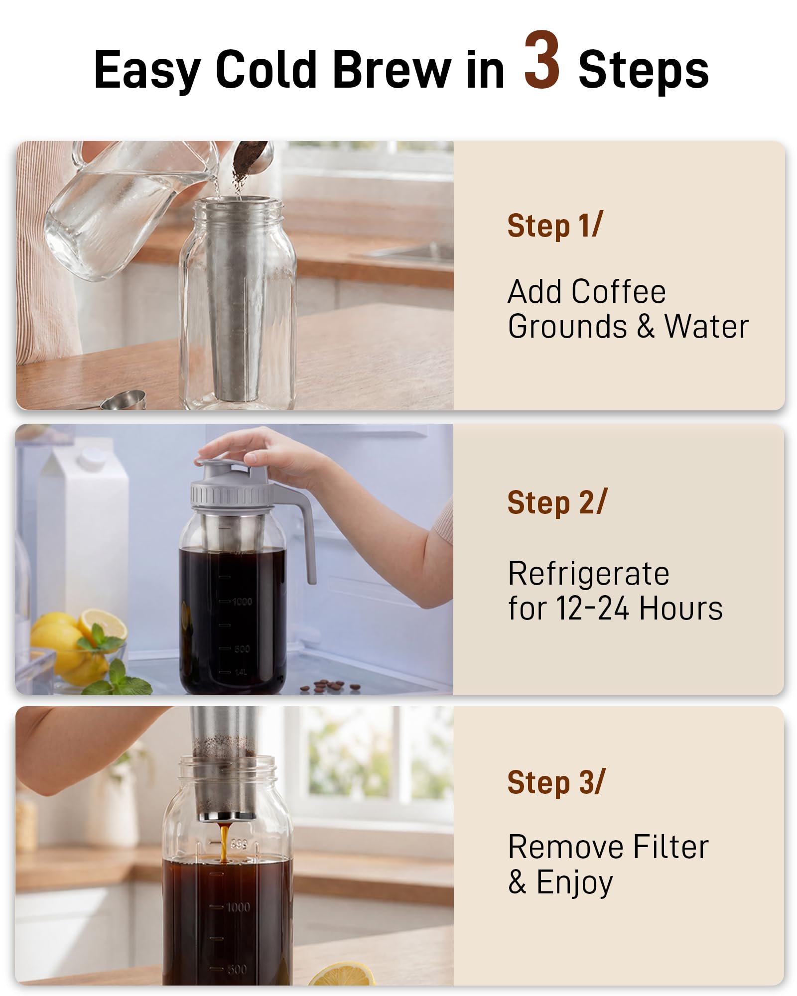 64 oz Cold Brew Coffee Maker, Mason Jar Pitcher with Stainless Steel Filter