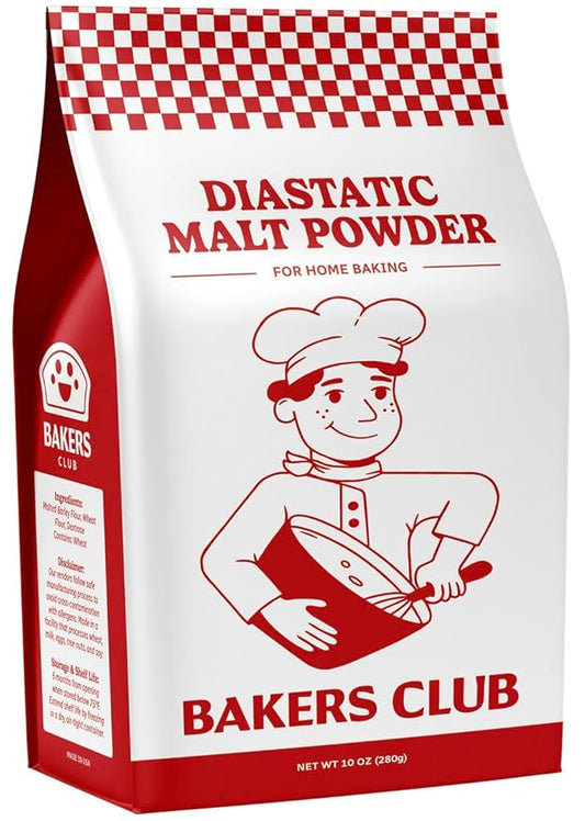 Bakers Club Artisan Diastatic Malt Powder 10oz - Enhance Flavor, Crust, Rise, Texture - Baking Bread, Pizza Crust, Pretzels, Desserts, Muffins, Bagels, Sourdough, Milkshakes - Made in USA, Malted Barley Flour 10oz