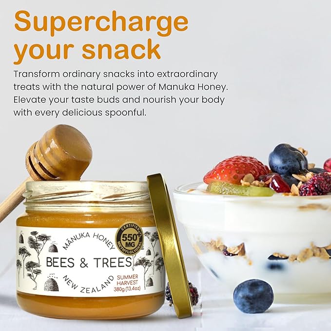 Bees & Trees Manuka Honey 550+ MGO – Pure New Zealand Raw Monofloral Honey – Unpasteurized & Natural – 380g (13.4oz) Glass Jar – Perfect for Coffee, Tea & Daily Wellness