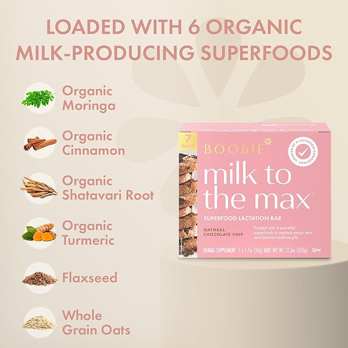 Boobie Bar Superfood Oatmeal Chocolate Chip Lactation Bar for Breastfeeding Moms to Increase Milk Supply | #1 Selling Lactation Snack Bars | Vegan, Fenugreek-Free, Gluten-Free, Dairy-Free (7 Bars)