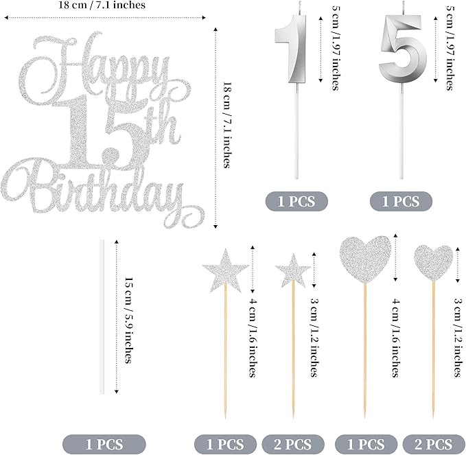 15th Birthday Cake Decorations, 15th Birthday Candles Cake Numeral Candles and Glitter Happy 15th Birthday Cake Toppers Set for Birthday Party Supplies (Silver)