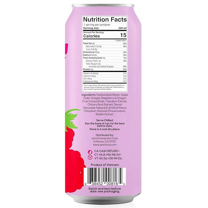 Jans Sparkling Prebiotic Soda Beverage ??Dragonfruit & Raspberry 8.4 Fl Oz (24-Pack) ??Low Calorie, NO Added Sugar, Non-GMO Sparkling Fruit Beverage, Gut Health Support