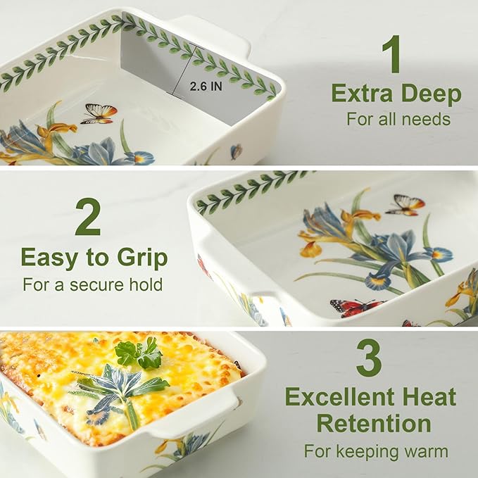 Ceramic Baking Casserole Dish with Handles, Large 8x13 inch & 6x10 inch Pan and Middle Baking Pan - Porcelain Serving Bakeware Set (Iris)