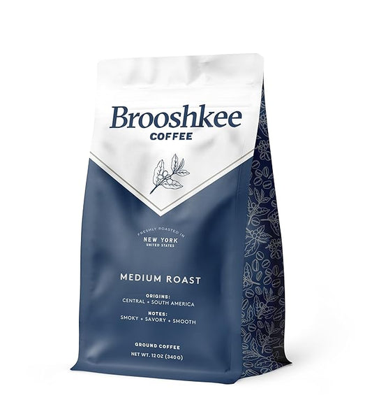 Brooshkee Specialty Coffee - Medium Roast Ground Coffee, Central & South American Blend, Smoky & Savory, 12 oz. Upscale quality without the upscale price