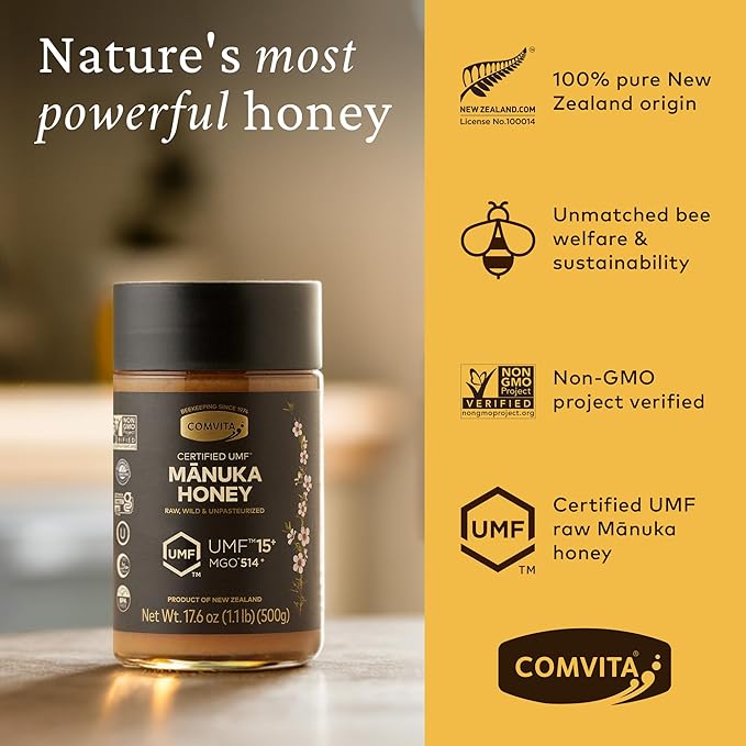 Comvita Manuka Honey UMF 15+ (MGO 514+) - Raw Manuka Honey New Zealand, Pure & Unpasteurized, Superfood for Immune Health, Use in Tea, Wild, Monofloral, Non-GMO - 500g (17.6 oz)