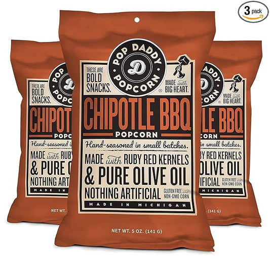 Pop Daddy Flavored Popcorn Gourmet, Chipotle BBQ Flavor Popped Popcorn, Hand Seasoned Ruby Red Kernels, Gluten Free Healthy Popcorn Snacks, 5oz Individual Bags, 3 Pack