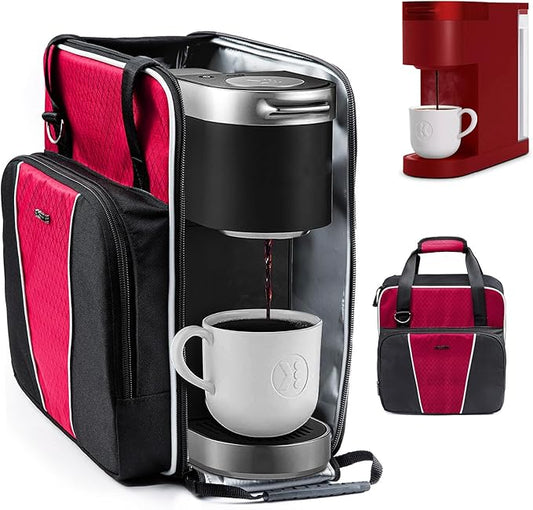 BAGSPRITE Travel Coffee Maker Bag for Keurig K-Slim, Single Serve Coffee Brewer Carrying Case, Portable Travel Coffee Maker Storage Case with Pockets for K-Cup Pods (Full Open Design Patent Pending)