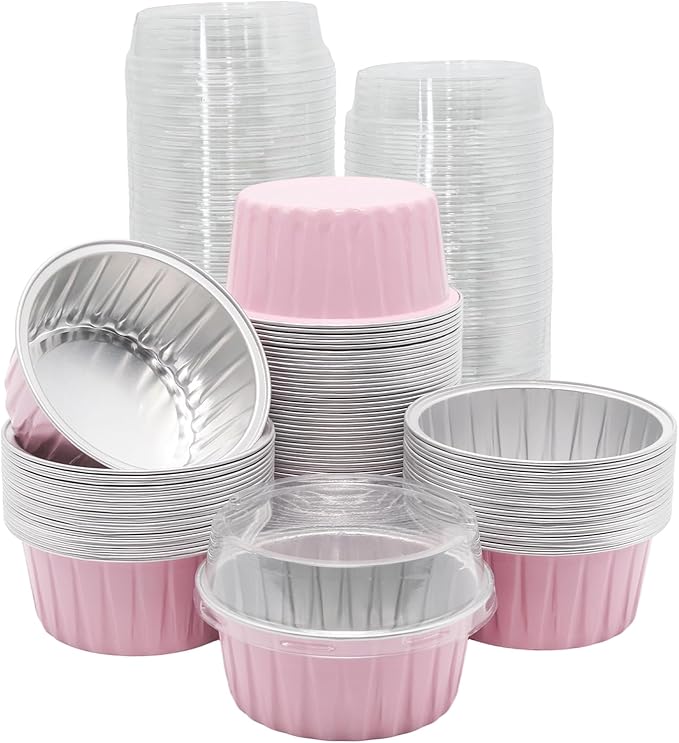 100 Pack 4.2oz Aluminum Cups with Lids Mini Flan Containers with Lids Cupcake Baking Cups, Pink