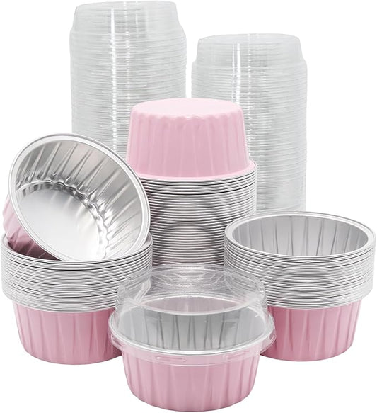 100 Pack 4.2oz Aluminum Cups with Lids Mini Flan Containers with Lids Cupcake Baking Cups, Pink
