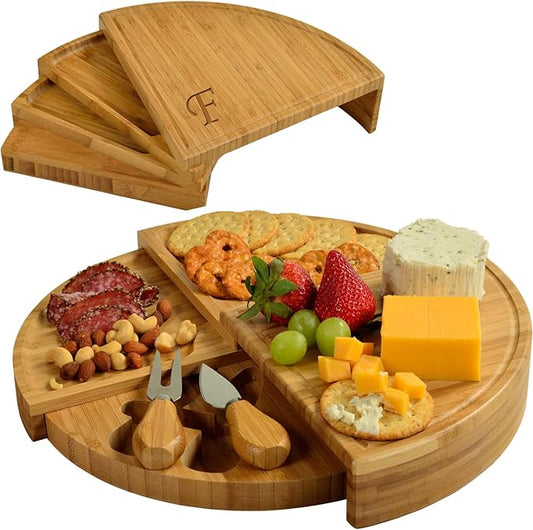 Picnic at Ascot Patented Personalized Monogrammed Engraved Bamboo Cheese/Charcuterie Board with Cheese Knives- Designed & Quality Checked in The USA