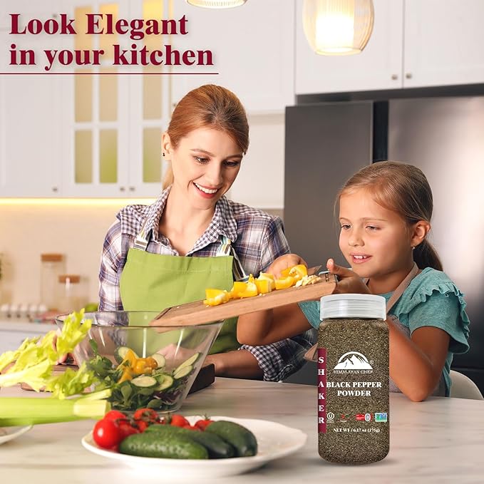 Himalayan Chef Organic Black Pepper Powder Shaker - 6.17Oz (175g), Free from Artificial Colors & Additives, Non GMO & Kosher Certified, Black Pepper Shaker