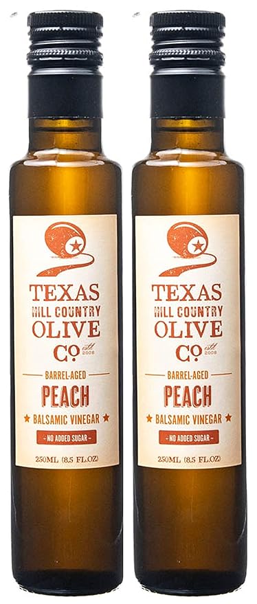 Peach Balsamic Vinegar - Gourmet Barrel Aged Infused Balsamic Vinegar - Great for Dressing Dipping Glazing - No Artificial Flavors or Added Sugar - Made in Texas (8.5 oz, 2 Pack)