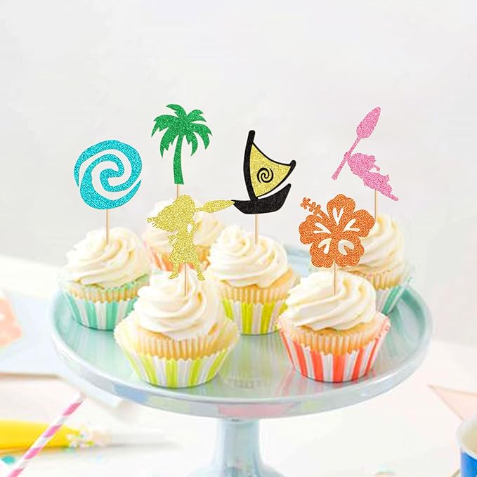 24Pcs Mo Inspired Birthday Cupcake Toppers Glitter Palm Leaf Flower Moana Cupcake Pick Decorations for Tropical Hawaiian Luau Theme Baby Shower Birthday Party Supplies