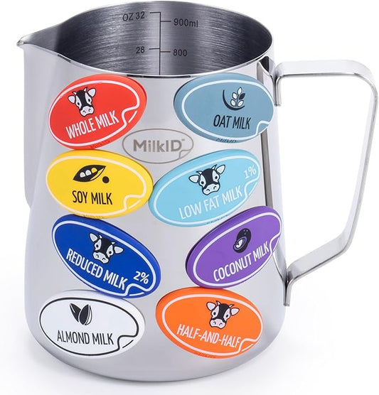 Milk Frothing Pitcher with 8 Allergen Silicone Snap-On Labels | Must-Have Barista Tool | Coffee Bar Accessories & Espresso Accessories Kit | (32oz / Pitcher + Labels)