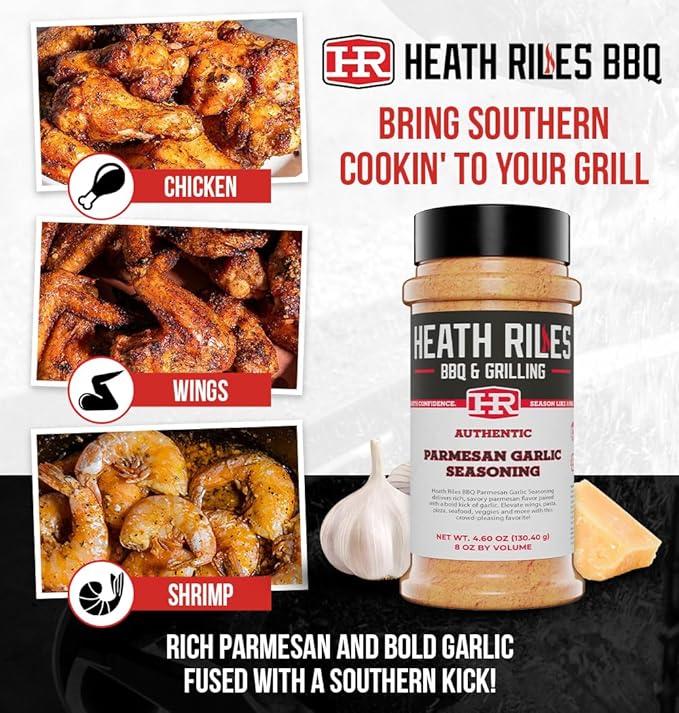 Heath Riles BBQ Rub - Parmesan Garlic Seasoning, Champion Pitmaster Recipe, Legendary Rubs For Smoking & Grilling, 70+ BBQ Championships, 8 oz.