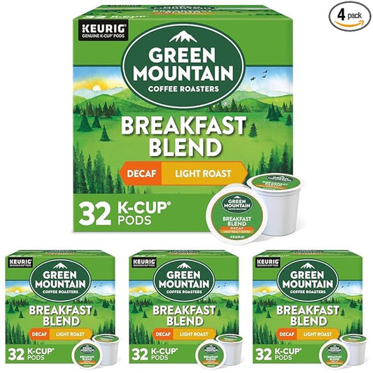 Green Mountain Coffee Roasters Decaf Breakfast Blend, Single-Serve Keurig K-Cup Pods, Light Roast Coffee, 32 Count (Pack of 4)