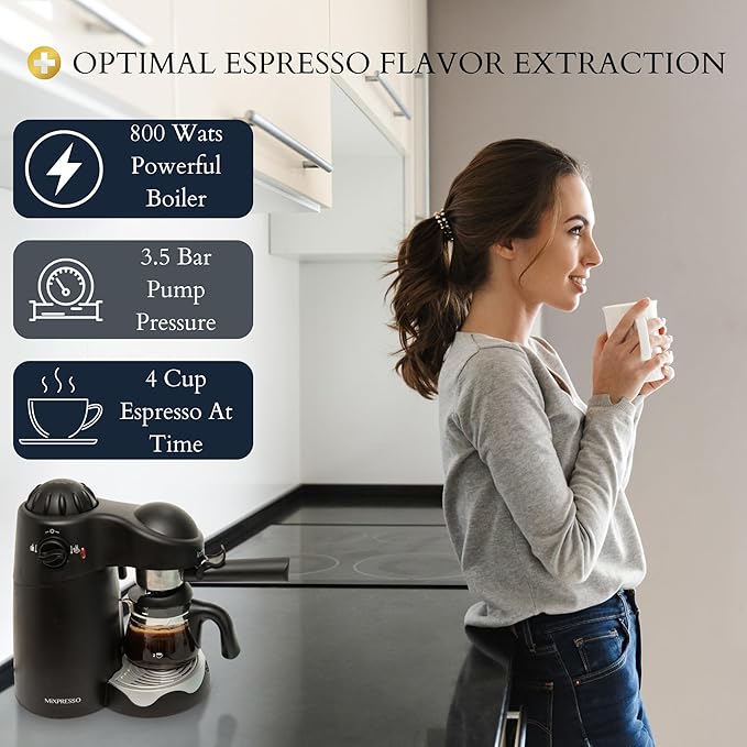 Mixpresso Espresso Maker, 3.5 Bar Espresso Machine With Milk Frother, 4 Cup Espresso/Cappuccino Maker, 800w Coffee Maker With Glass Carafe, Latte and Cappuccino Machine