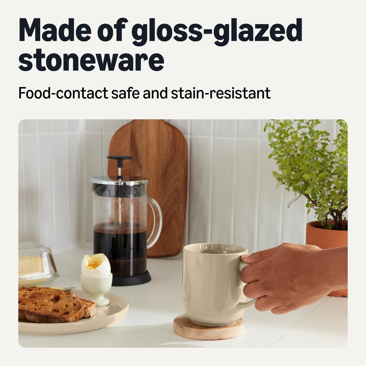 Amazon Basics Stoneware Coffee Mugs, 16 oz, 4-Piece Set, Gloss-Glazed, Stain-Resistant, Microwave