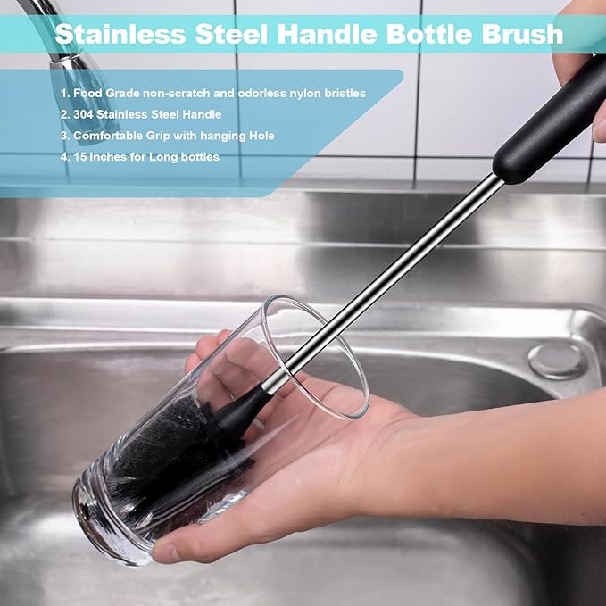 [4 Pack] Water Bottle Brush & Straw Cleaner Set,Stainless Steel Long Handle Baby Bottle Scrub Cleaning Brush for Sports Bottles, Cups, Dishes, Coffee Mugs, Glasswares, Tumblers, Wine Decanters