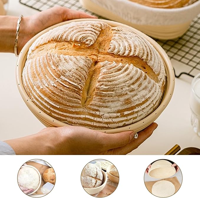 Banneton Bread Proofing Basket: 2-Pack Handcrafted Natural Rattan 9" Round with Breathable Linen Liner - Sourdough Dough Rising Tools for Handmade Baker's