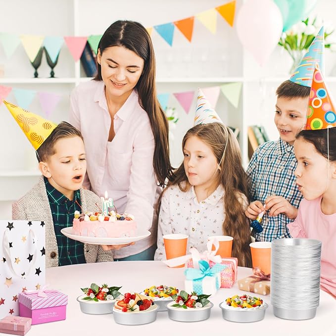 Beasea Aluminum Ramekins, 100 Pack 4" 7.3oz 215ml Mini Disposable Baking Foil Cups No Lids Ramekin Cup Cupcake Aluminum Baking Cups for Party - Silver