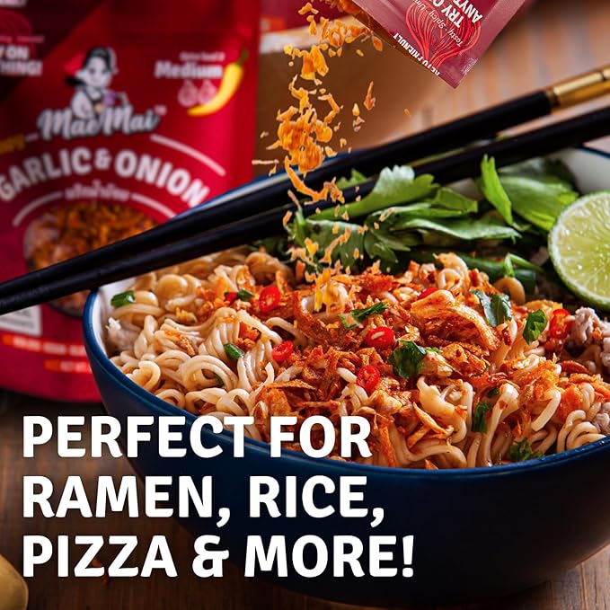 MaeMai Chili Crisp (MEDIUM HOT Spice) - Spicy Umami Onion & Garlic Flakes - All-Purpose Seasoning, Topper | Chili oil WITHOUT THE OIL. Crunchy condiment for rice seasoning, ramen topping | 9.51oz (3-PACK)