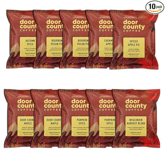 Gourmet Fall Flavored Coffee Sampler Pack - 10 Bags of Seasonal Flavored Coffees - Door County Coffee