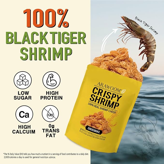 ARAWOOM - 100% Real Black Tiger Shrimp Head Crisps, Original Pack [2oz, Pack of 3], Crispy Seafood Snack, High-Protein Crunch, Crunchy On-the-Go Treat