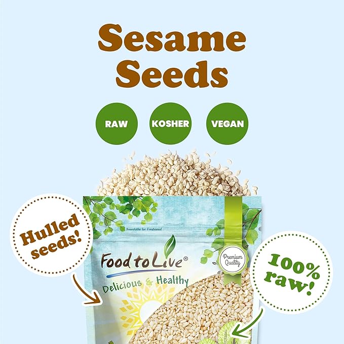Food to Live - Hulled Sesame Seeds, 4 Pounds Whole Raw White Sesame Seeds, Kosher and Vegan, Unroasted, Bulk Sesame. High in Magnesium, Iron, and Calcium.