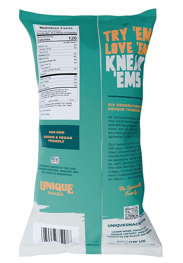Unique Snacks Knead 'Ems, Sourdough Mini Pretzels, Artisan-Crafted Vegan Snacks, Non-GMO, Kosher Chips, 11 oz. Snack Bags, Pack of 12