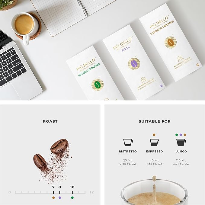 Piu Bello Espresso Coffee Pods for Nespresso Original Machines ??Light Roast Variety Pack ??3 Flavors: Chocolate, Nuts, Sweet Caramel ??Rich & Balanced Taste ??Kosher Certified (3-Flavor Multipack, 120 Count)