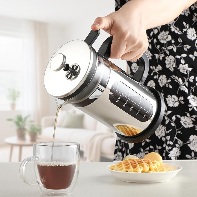 French Press Coffee Maker 34 oz, 1000ml Borosilicate Glass Stainless Steel Coffee Brewer with Reusable Filters Portable Coffee Press for Kitchen Travel Camping