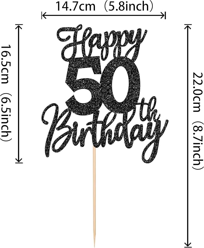 1 PCS Happy 50th Birthday Cake Topper Glitter Cheers to 50 Years Birthday Cake Pick Fifty Hello 50 Fabulous Cake Decoration for Happy 50th Birthday Anniversary Party Decorations Supplies Black