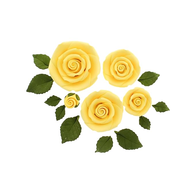 Global Sugar Art Exquisite Rose & Leaf Tray Sugar Cake Flowers, Yellow Unwired, 5 Count by Chef Alan Tetreault