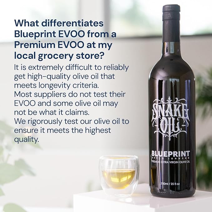 Blueprint by Bryan Johnson Olive Oil ??Snake Oil- High Polyphenol Extra Virgin Olive Oil (400+ mg/kg) ??Cold Pressed, Early Harvest, First Cold Press EVOO ??Keto, Paleo, Non-GMO ??750ml Glass Bottle