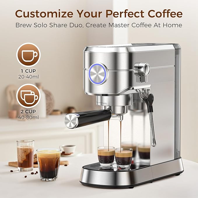 Kndko 20 Bar Espresso Machine, Professional Espresso Maker with Milk Frother Steam Wand, Compact Stainless Steel Coffee Machine with 40.5oz Removable Water Tank for Cappuccino, Latte