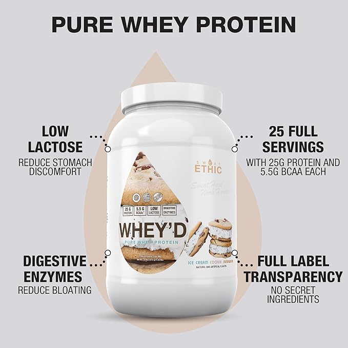 Whey'd Protein Powder, 25 G Whey Protein Blend with Concentrate, Isolate & Hydrolysate, Low Lactose & Digestive Enzymes for Easy Mixing, Ice Cream Cookie Sandwich Flavor, 25 Servings