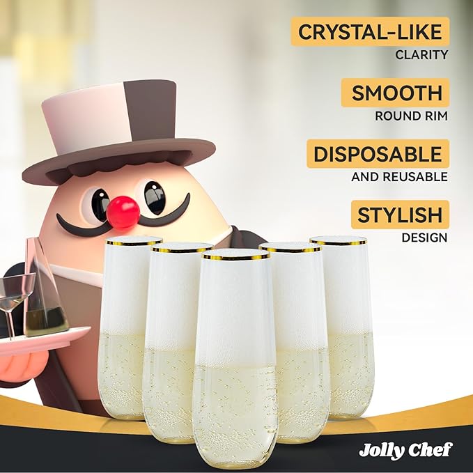 JOLLY CHEF 24 Pack Stemless Plastic Champagne Flutes Disposable 9 Oz Gold Rim Clear Plastic Toasting Glasses Shatterproof Recyclable