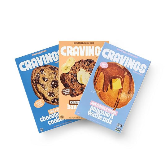 Cravings Family Baking Bundle by Chrissy Teigen ??Banana Bread, Mochi Pancake & Waffle, and Chocolate Chip Cookie Mix ??3-Pack Variety Baking Mix Set