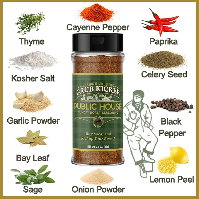 Grub Kicker assorted 4 pack includes: Wildflower Herbes De Provence, Appalachian All Purpose, Baja Fish Taco, Public House Sunday Roast. Premium Seasoning blends