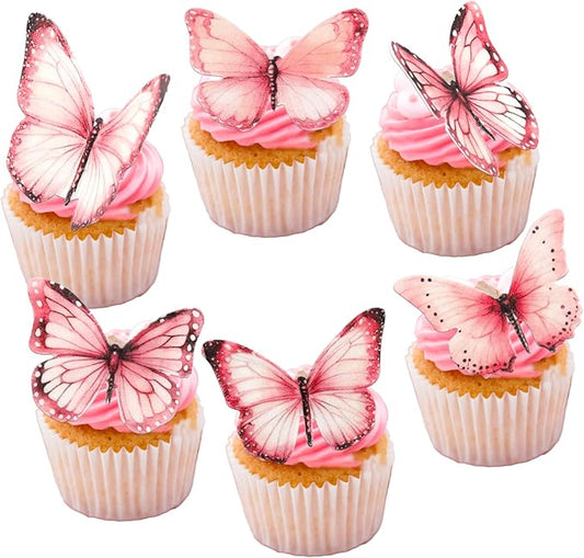 Rsstarxi 60 Pack Edible Butterfly Cake Decorations, Wafer Paper Butterflies Cupcake Toppers for Wedding, Birthday, Anniversary, Baby Shower Party Decorating Supplies - Pink