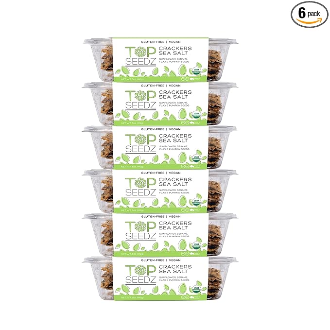 Top Seedz Certified Organic Gluten Free Sea Salt Seed Crackers | 6-Pack | 5 Ounces | Healthy Vegan Crackers with Plant Based Protein | Made of Sunflower, Flax, Sesame and Pumpkin Seed