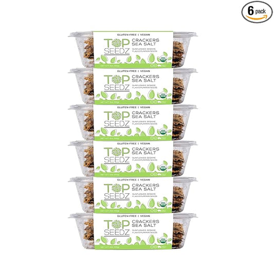 Top Seedz Certified Organic Gluten Free Sea Salt Seed Crackers | 6-Pack | 5 Ounces | Healthy Vegan Crackers with Plant Based Protein | Made of Sunflower, Flax, Sesame and Pumpkin Seed