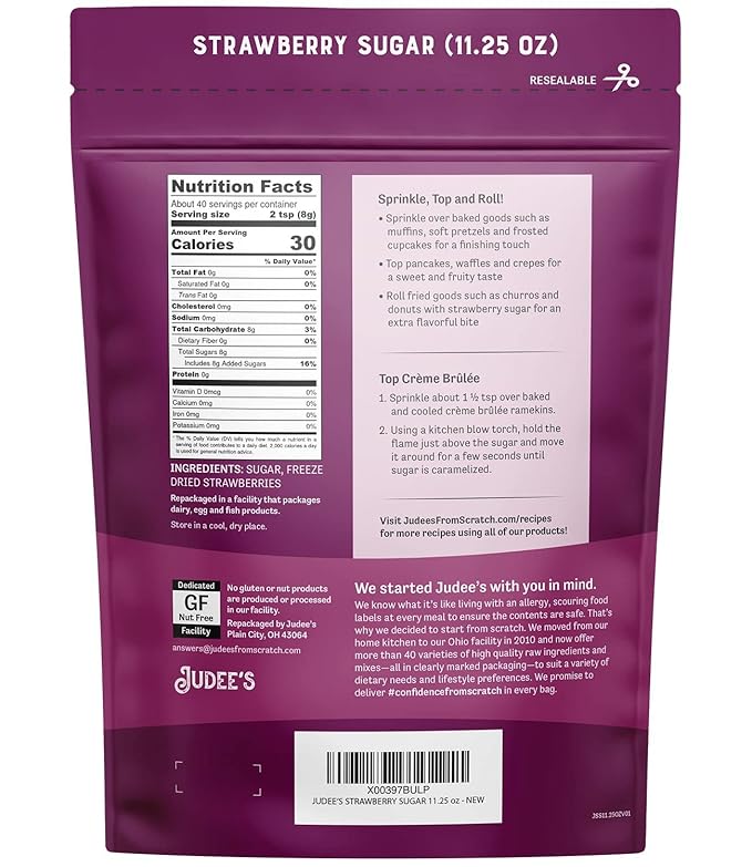 Judee's Strawberry Sugar 11.25 oz - Made with Premium Caster Sugar - Great for Baking - Sprinkle on Desserts and Sweeten Tea or Coffee - Gluten-Free and Nut-Free