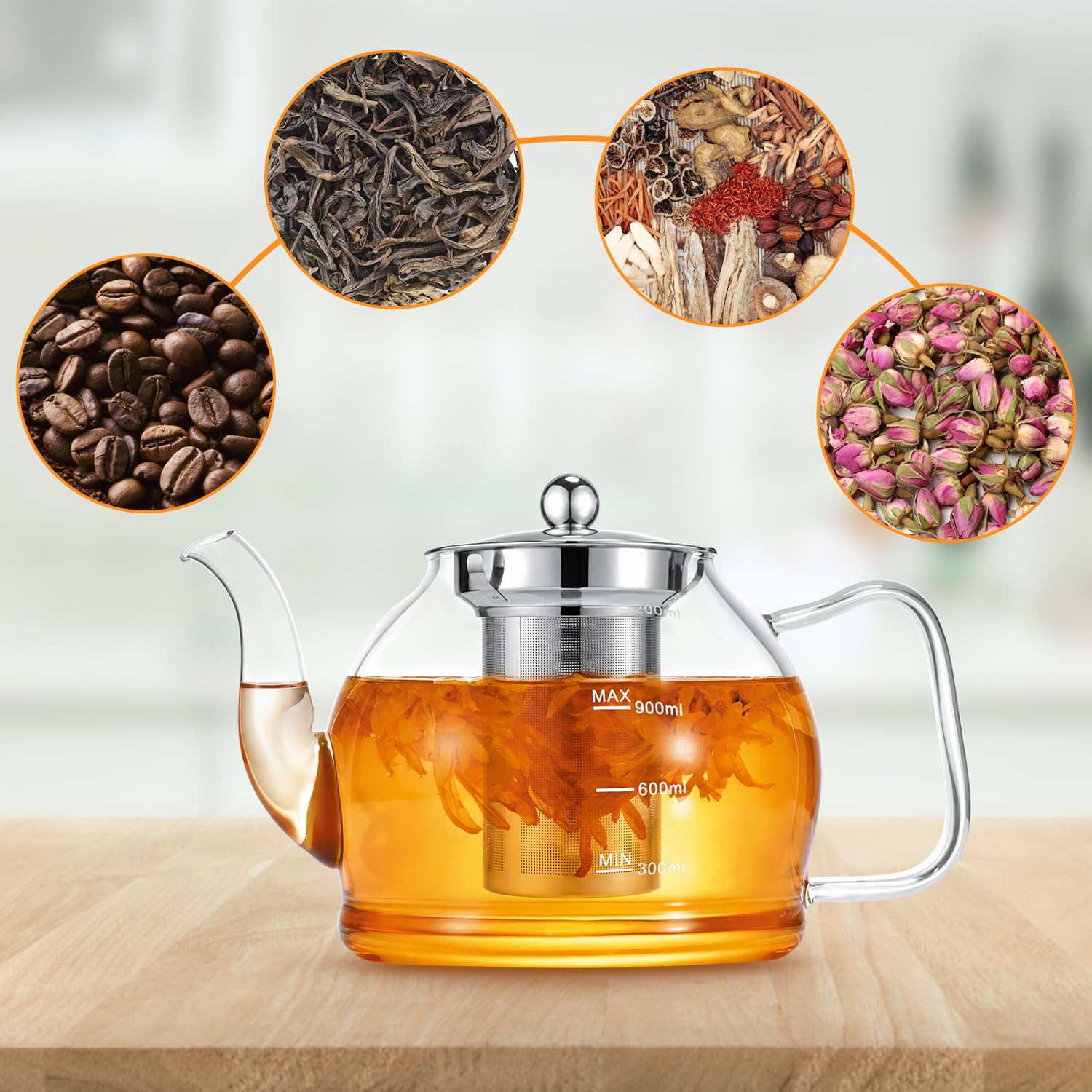 STNTUS Glass Teapot, 40 oz. / 1200 ml for Loose Tea, With Infuser and Stainless Steel Strainer