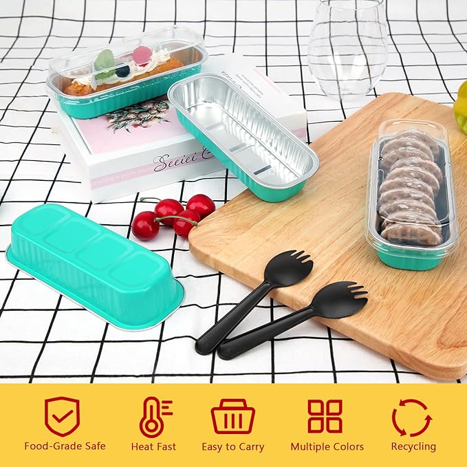 LNYZQUS Aluminum Foil Mini Loaf Pans With Lids 50 Pack, 6.8oz Rectangle Baking Cups Muffin Tins,Disposable Baking Tins Mini Baking Pans Holders -Cyan Blue