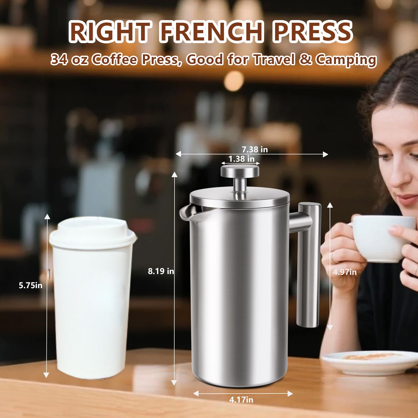 French Press 34 oz, Full Stainless Steel French Press Coffee Maker 4 Cups